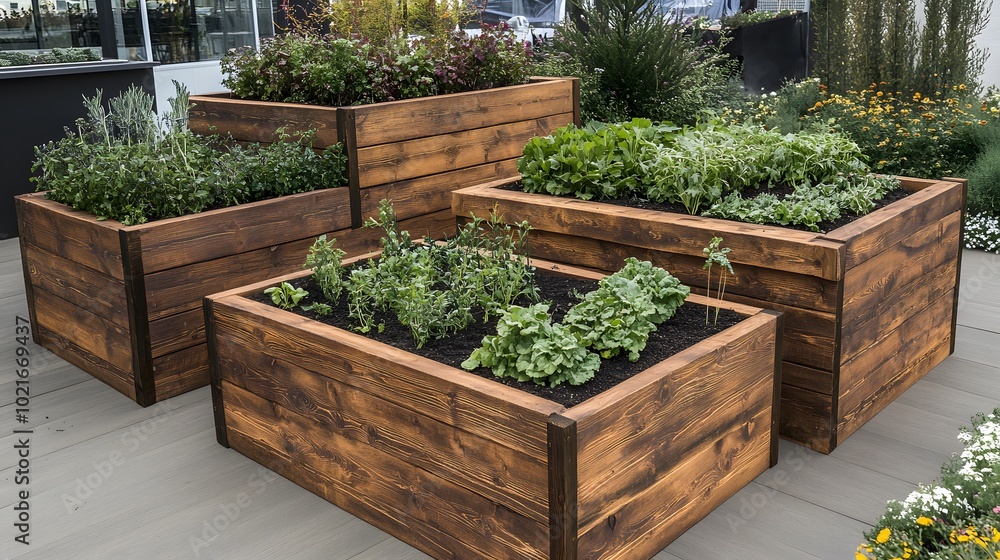 Wooden raised bed with vegetables and herbs in the garden, home vegetable planters for small spaces Wooden raised bed with vegetables and herbs in the garden, home vegetable planters for small spaces
