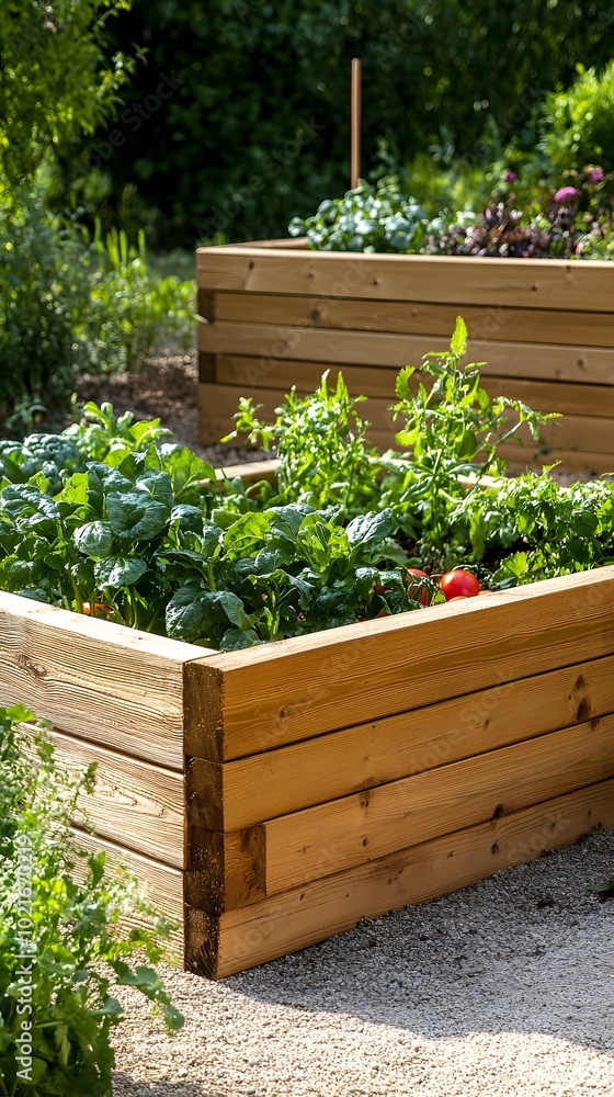 Wooden raised bed with vegetables and herbs in the garden, home vegetable planters for small spaces