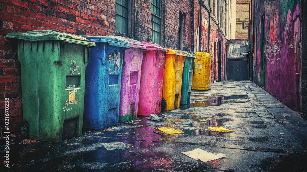 Fototapeta premium Colorful Trash Bins in Urban Alley.