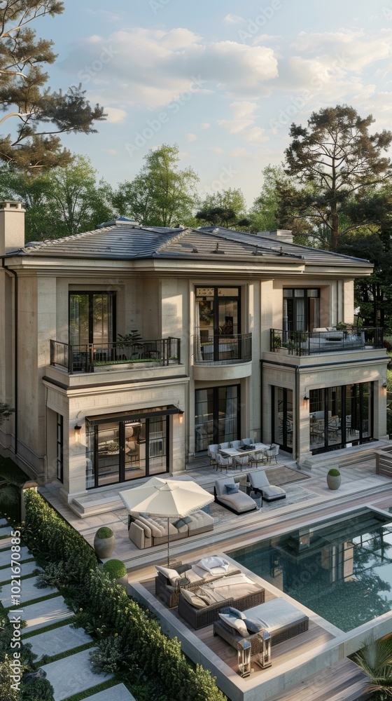 Fototapeta premium Luxury Mansion Exterior with Pool and Patio