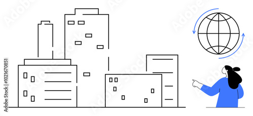 Outline of urban buildings and a person pointing at a rotating globe. Ideal for global communication, urban development, international business, real estate marketing, and educational presentations