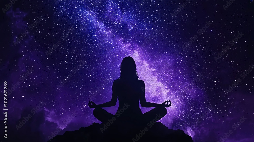 A person meditates in a lotus pose under a purple and blue star-filled sky, surrounded by the milky way A person meditates in a lotus pose under a purple and blue star-filled sky, surrounded by the milky way