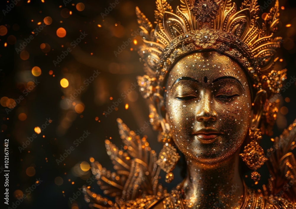 A golden statue of a Hindu god with a serene expression on its face A golden statue of a Hindu god with a serene expression on its face