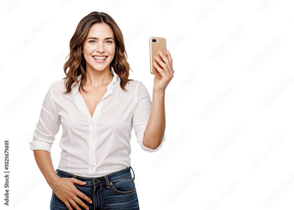 Smiling Young Woman in White Shirt Holds Up a Smartphone. Isolated on Transparent Background. PNG. Smiling Young Woman in White Shirt Holds Up a Smartphone. Isolated on Transparent Background. PNG.