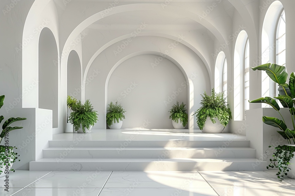 Modern White Interior Design Illustration with Plants Modern White Interior Design Illustration with Plants