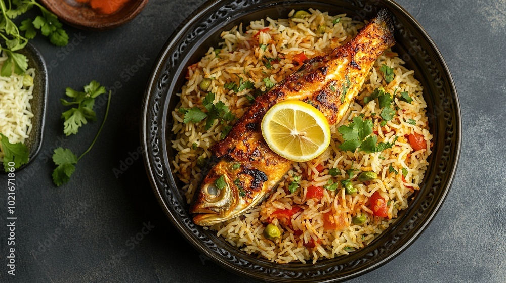 Arabian Sheri fish mandi rice with lemon slice Arabian Sheri fish mandi rice with lemon slice