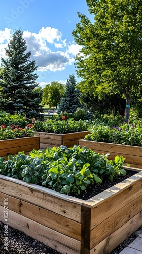 Wooden raised bed with vegetables and herbs in the garden, home vegetable planters for small spaces