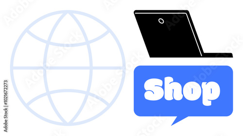 Two main elements include a light blue globe, and a black laptop next to a blue speech bubble reading Shop. Ideal for online retail, digital marketing, e-commerce, global business, and website