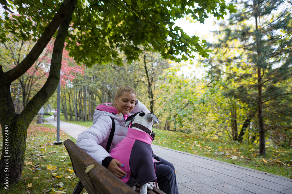 A woman walks a fashionable dog. A dog in a fashionable jacket and glasses, the owner and the dog are resting on a bench A woman walks a fashionable dog. A dog in a fashionable jacket and glasses, the owner and the dog are resting on a bench