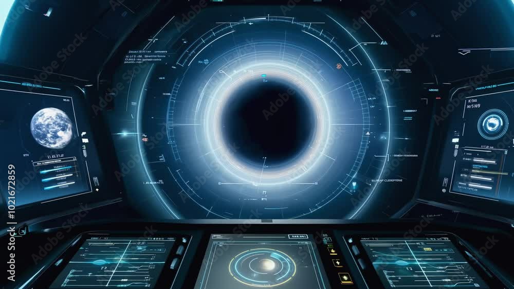 Spaceship control center with holographic displays of star systems, as a distant black hole looms on one of the screens, illuminated by subtle rim lighting Spaceship control center with holographic displays of star systems, as a distant black hole looms on one of the screens, illuminated by subtle rim lighting