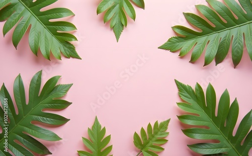 palm leaf frame , Green leaves on Pink background