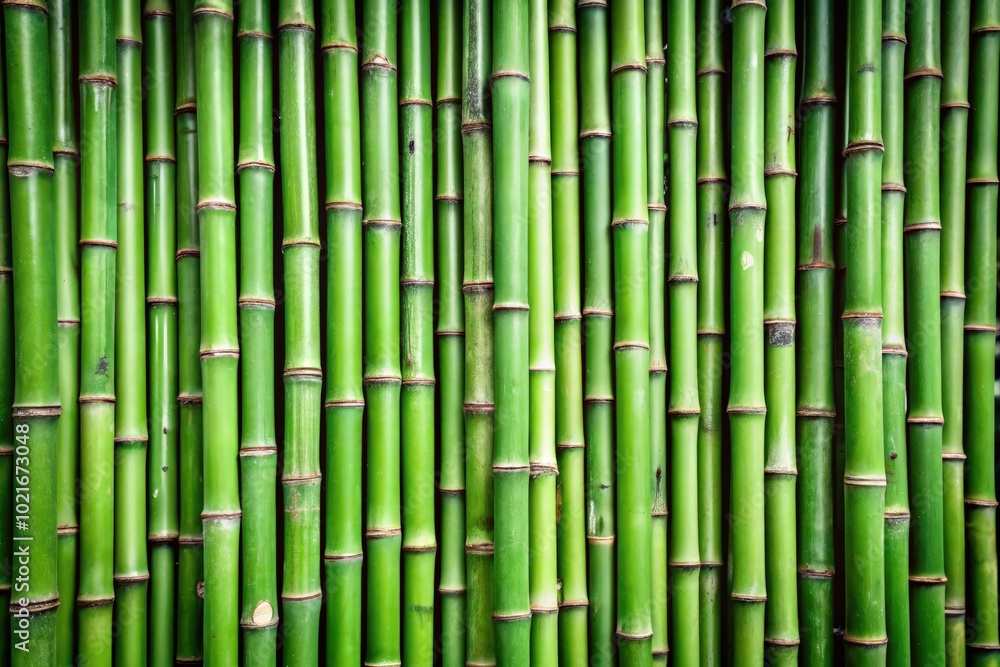 A close-up view of fresh green bamboo sticks arranged in a vertical row. Generative AI A close-up view of fresh green bamboo sticks arranged in a vertical row. Generative AI