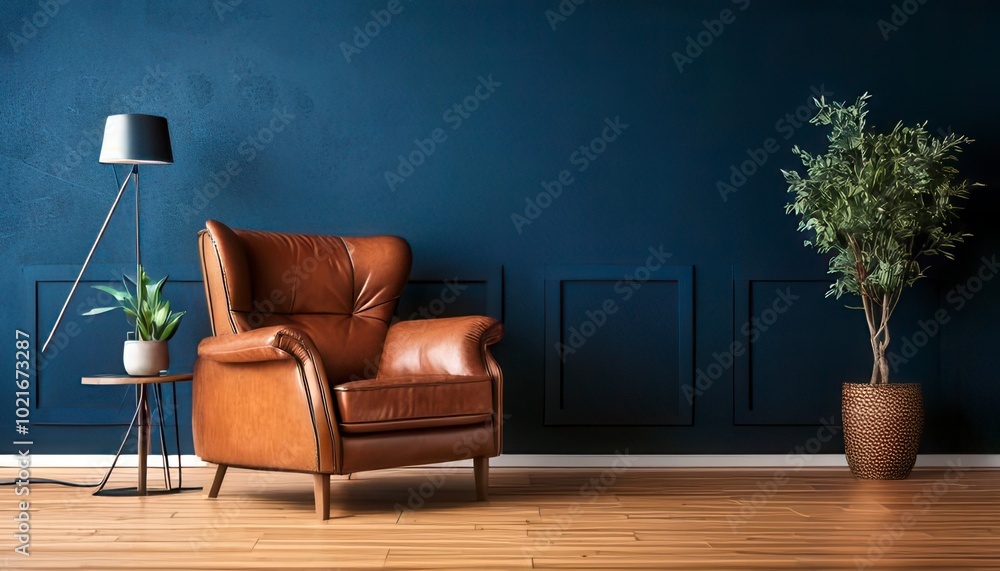 Modern interior of living room with leather armchair on wood flooring and dark blue wall. Generated image Modern interior of living room with leather armchair on wood flooring and dark blue wall. Generated image