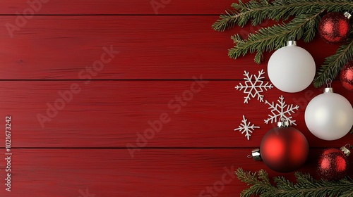 Flat lay of Christmas ornaments in vintage style on red wood texture, retro festive decor, Christmas nostalgia, holiday charm