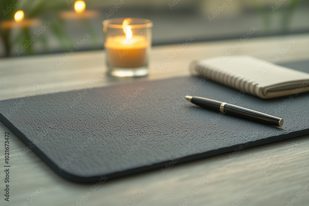 Fototapeta premium Minimalist workspace setup with a pen, notebook, and a lit candle, creating a calm and peaceful atmosphere for writing or journaling