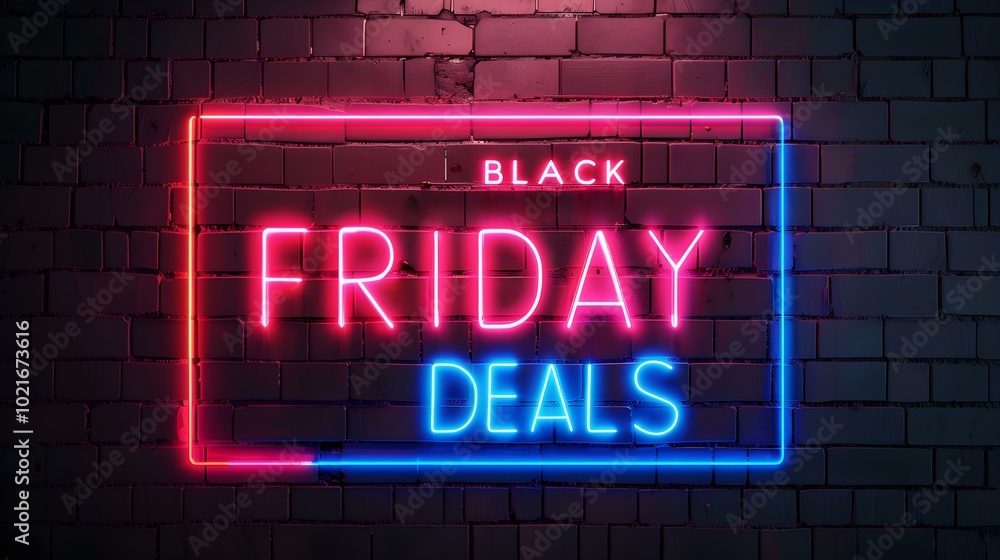 Obraz premium Multicolor Neon 'BLACK FRIDAY DEALS' Sign on a Brick Wall