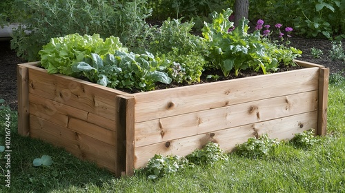 Wooden raised bed with vegetables and herbs in the garden, home vegetable planters for small spaces