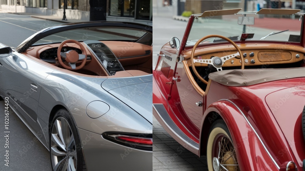 Side-by-side comparison of a new modern car and an old vintage car, split 50/50, showcasing technological evolution and design contrast Side-by-side comparison of a new modern car and an old vintage car, split 50/50, showcasing technological evolution and design contrast