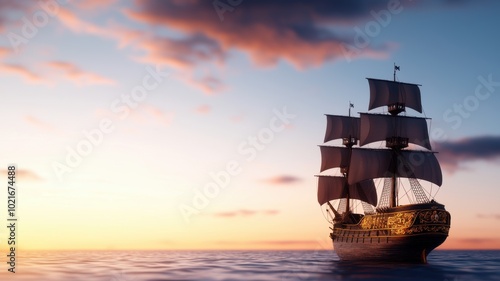 Vintage Pirate Ship Sailing at Sunset