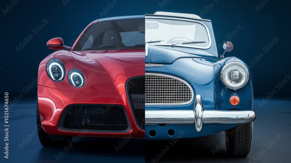 Side-by-side comparison of a new modern car and an old vintage car, split 50/50, showcasing technological evolution and design contrast Side-by-side comparison of a new modern car and an old vintage car, split 50/50, showcasing technological evolution and design contrast