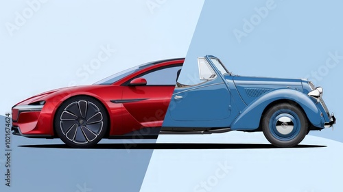 Side-by-side comparison of a new modern car and an old vintage car, split 50/50, showcasing technological evolution and design contrast photo