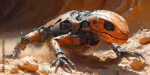 A robotic lizard traverses a scorching desert landscape. photo