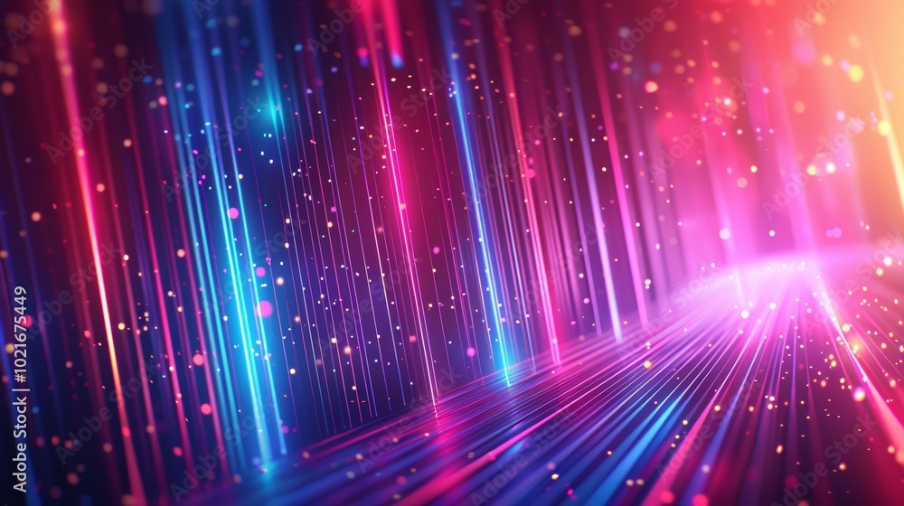Colorful glowing curved lines of light and particles flowing in perspective Colorful glowing curved lines of light and particles flowing in perspective