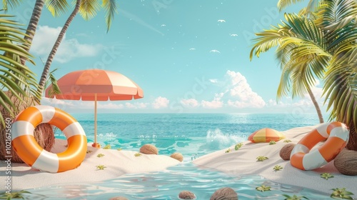 idyllic island escape with beach umbrella and lifebuoys