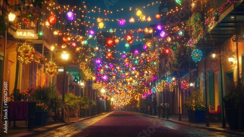 A beautiful street scene filled with vibrant decorations and lights during Mardi Gras