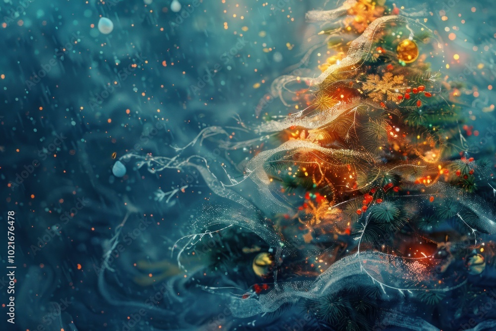 Obraz premium Christmas tree with golden lights and sparkling snow falling creating a magical christmas atmosphere