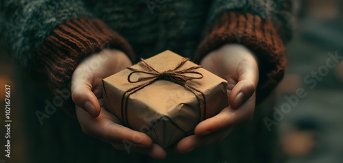 A cozy scene featuring a person holding a beautifully wrapped gift with twine, evoking warmth and joy during festive occasions.