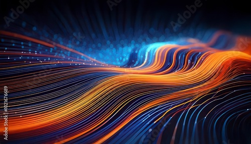 Curved Data Lines With Shallow Depth Of Field. Blue and orange. Technology, Computer Network. Generated image