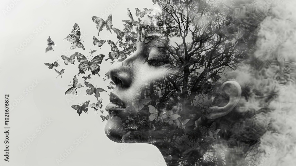 Fototapeta premium Black and white photo of a woman's face combined with a tree