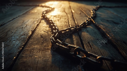 A broken chain lying on a weathered wooden table, with light streaming from above photo