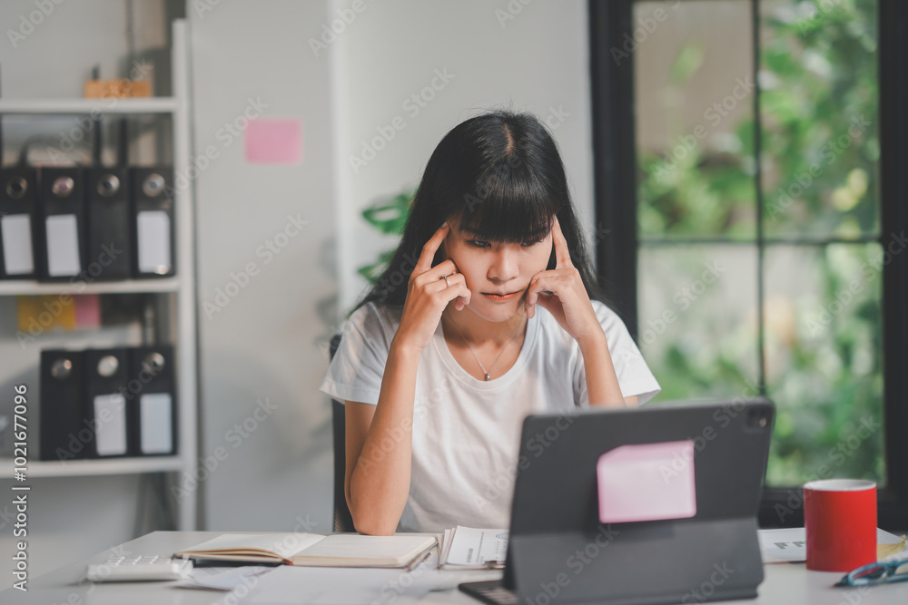 Young asian businesswoman is massaging her temples, feeling stressed and tired from working on a laptop at the office Young asian businesswoman is massaging her temples, feeling stressed and tired from working on a laptop at the office