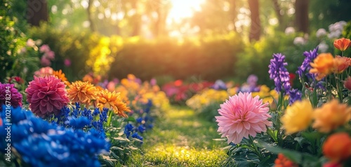 A vibrant flower path winding through a colorful garden during the golden hour of sunset