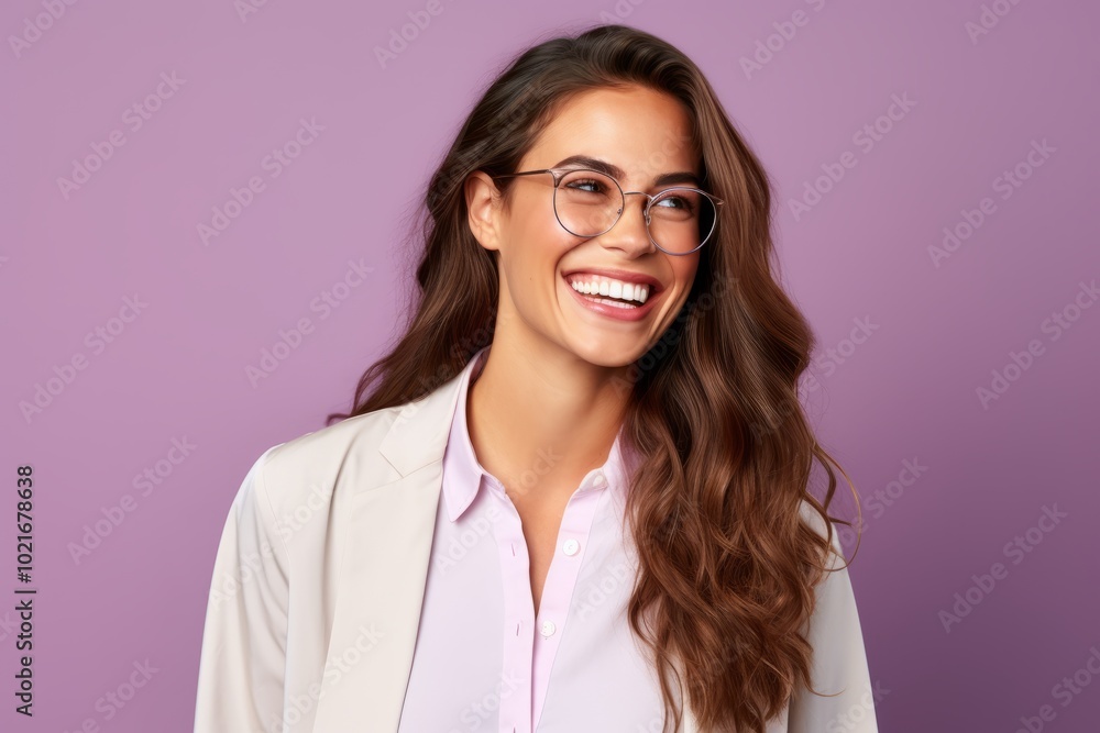 Portrait of happy smiling young business woman in glasses, over violet background Portrait of happy smiling young business woman in glasses, over violet background