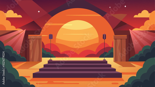 The setting sun casts a warm glow on the stage and its surroundings creating a picturesque and idyllic scene.