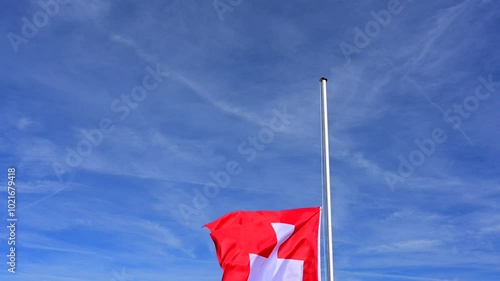 slow motion in strong wind, the flag of  is hoisted, flutters in the wind against a blue sky