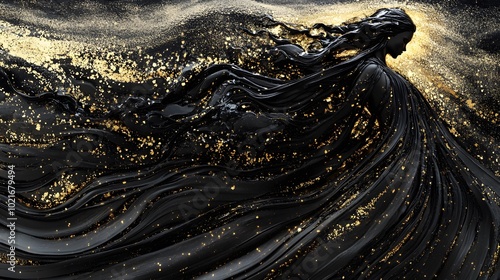 A golden and black abstract painting of flowing fabric, with the body in dark tones