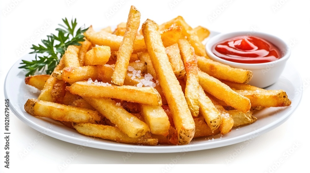 A plate of French fries, topped with ketchup, served on a white plate alongside a small bowl of ketchup A plate of French fries, topped with ketchup, served on a white plate alongside a small bowl of ketchup