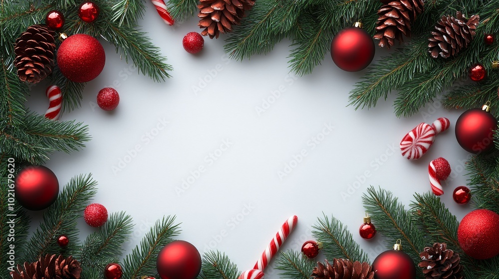A festive Christmas border with pine branches, ornaments, candy canes, and pine cones on a white background. A festive Christmas border with pine branches, ornaments, candy canes, and pine cones on a white background.