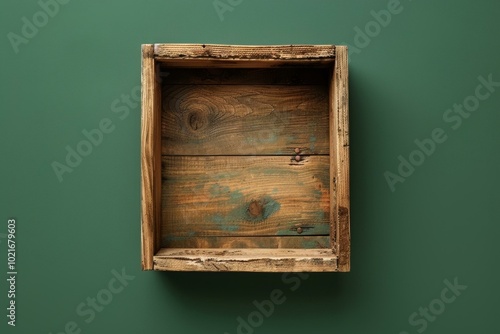 Rustic wooden box on a green background photo