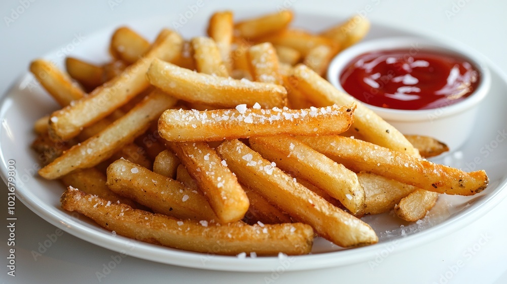 French fries, ketchup, and red dipping sauce on white plate French fries, ketchup, and red dipping sauce on white plate