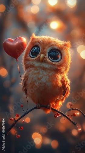 
Kawaii owl laughing with big eyes in cartoon style with a heart shaped balloon, festive blurred background behind photo