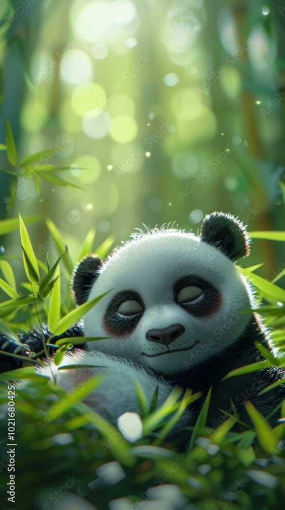 A cute panda is sleeping in the bamboo forest A cute panda is sleeping in the bamboo forest