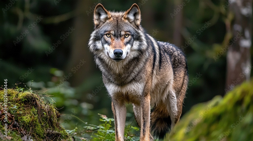 A wolf in grass with trees and bushes in the background A wolf in grass with trees and bushes in the background