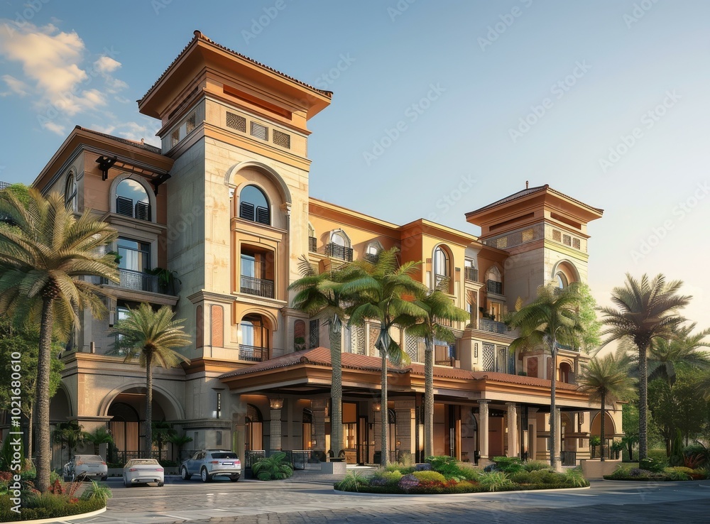 Obraz premium Luxury Hotel Facade Design in Warm Hues