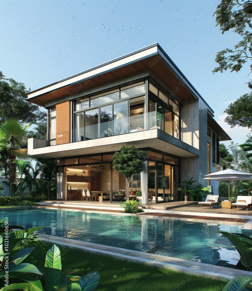 Fototapeta premium Modern Tropical Villa with Swimming Pool Exterior View