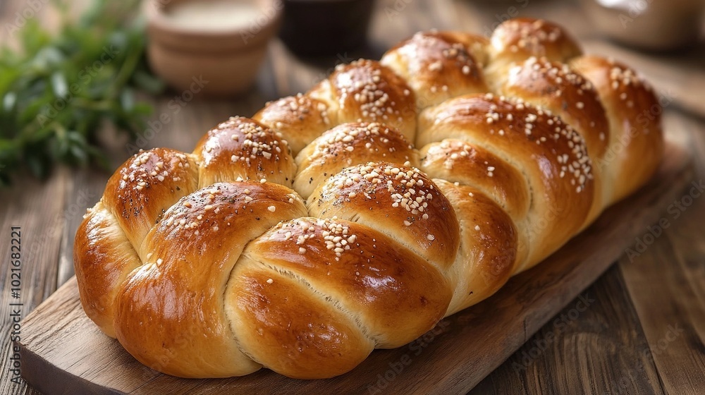 Freshly baked challah bread , sliced with soft butter and honey on the side, ready for breakfast Freshly baked challah bread , sliced with soft butter and honey on the side, ready for breakfast